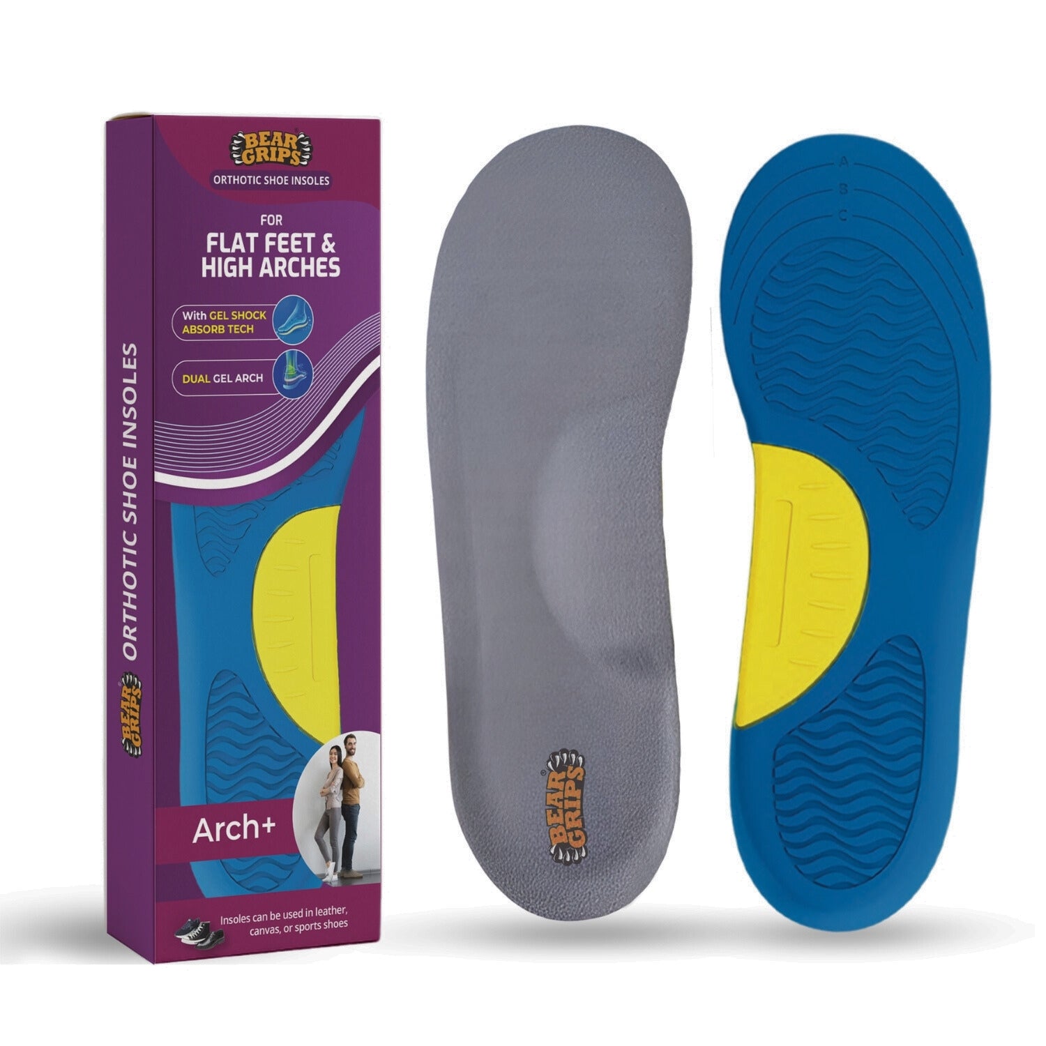 BEAR GRIPS Orthotic Shoe Insoles for Flat Feet, High Arches Plantar Fasciitis – Dual Gel Arch Support for Pain Relief – Arch+ Insoles Men Women|