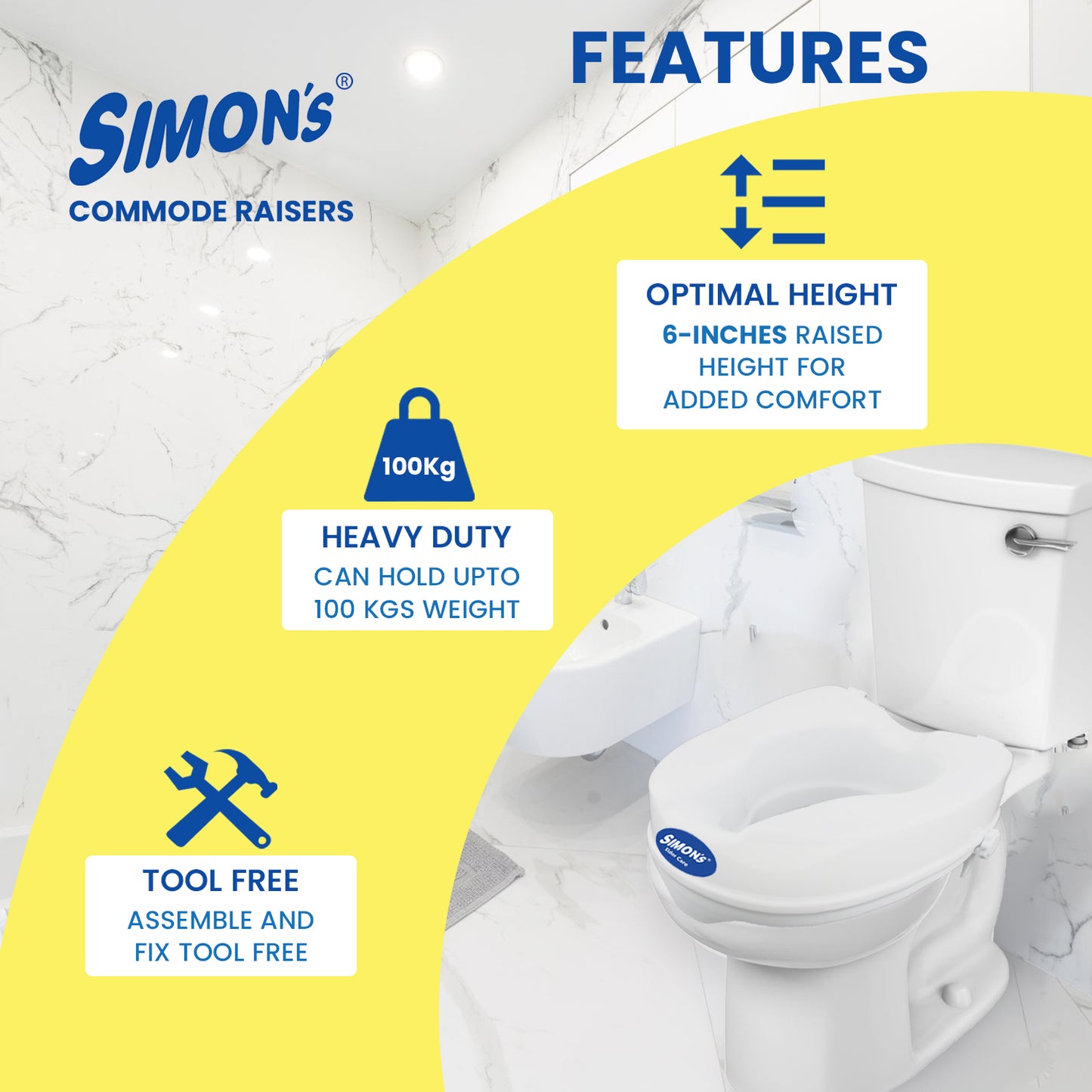 Simon’s 6-Inch Commode Seat Raiser – Heavy-Duty Toilet Lift for Elderly & Knee Pain Relief