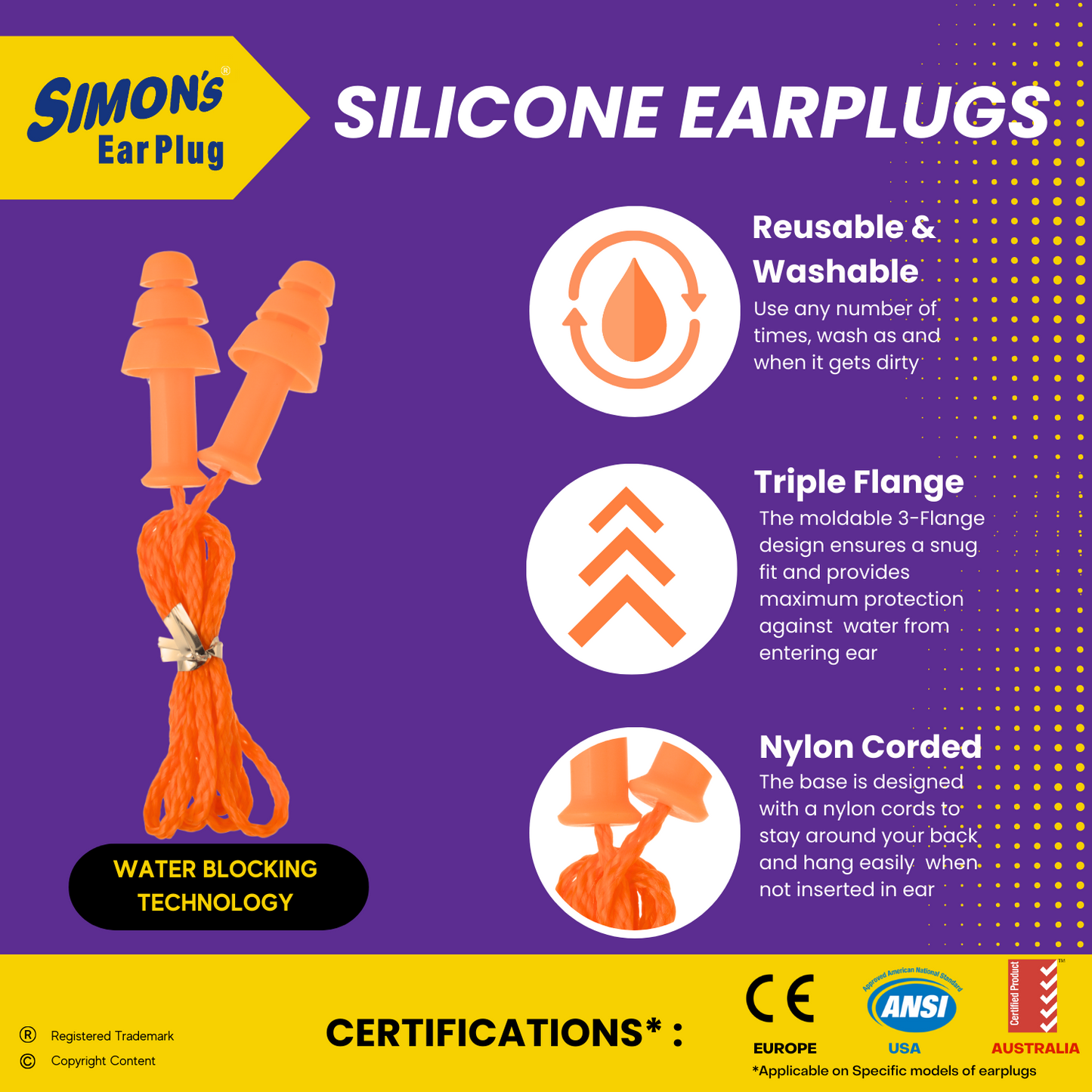 Simon's - Swimwell Earplugs - 3 Pair Corded Silicon