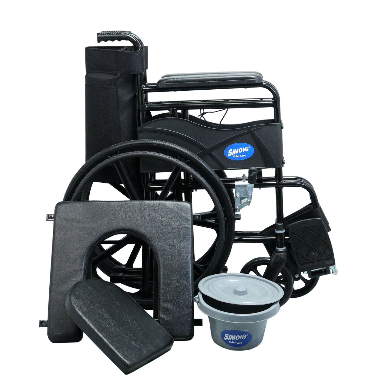 Simon’s GlidePro Folding Commode Wheelchair with U-Cut Seat & Mag Wheels – Black