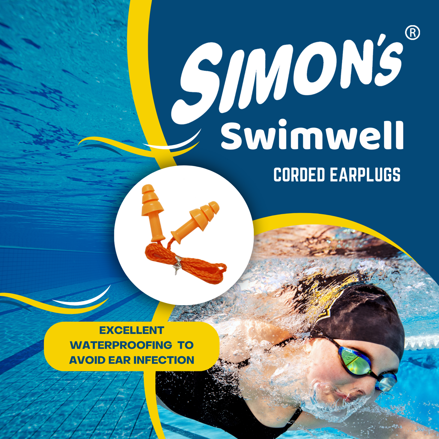 Simon's - Swimwell Earplugs - 3 Pair Corded Silicon
