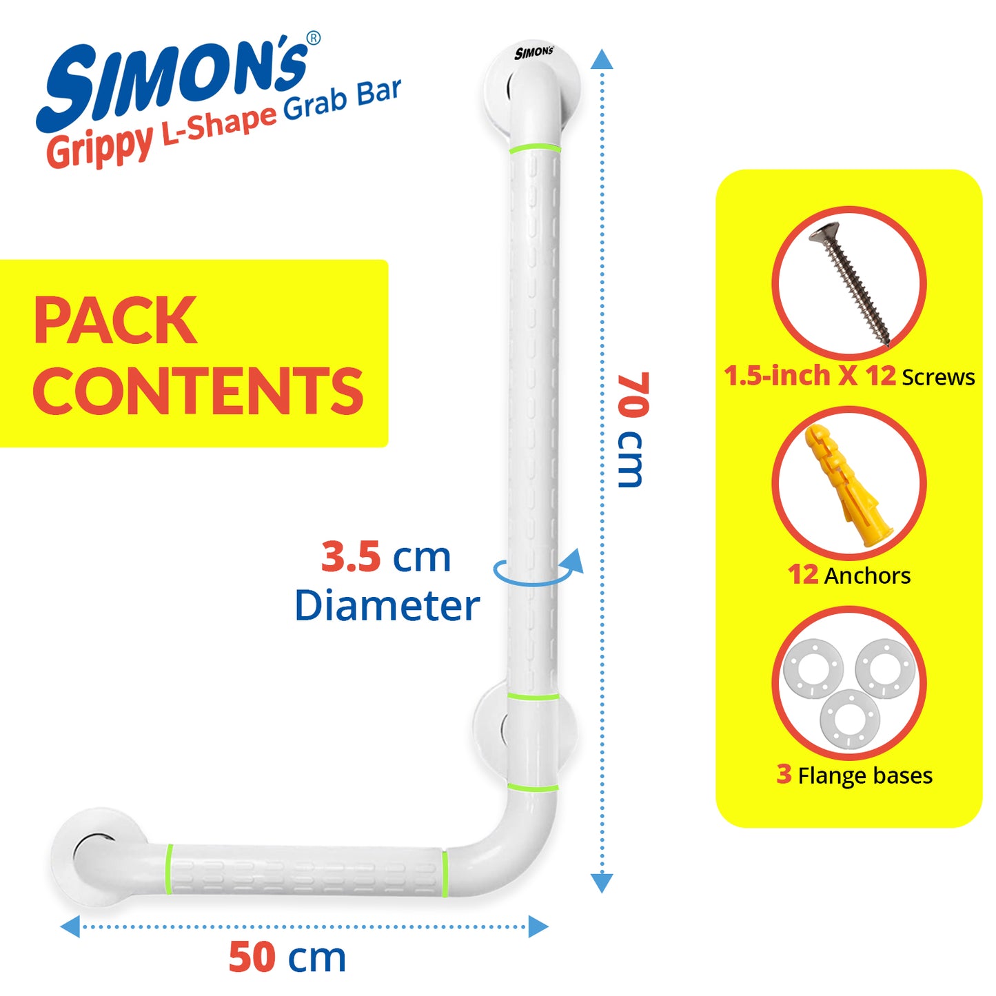 Simon's Grippy Heavy-Duty Nylon + SS304 Inside Bathroom and Toilet Anti Slip 90 Degree Grab bar for Elderly Hand Railing and Safety Handle| White | 3.5 cm Broad, 70cm X 50 cm L-Shape Grab Rail