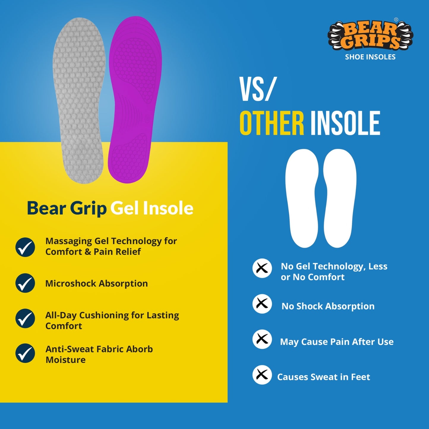 BEAR GRIPS Orthotic Shoe Insoles for Diabetics & Elderly – Gel Cushioning, Pain Relief & Fall Prevention – Senior+ Insoles | Men & Women | UK Size 5 to 9