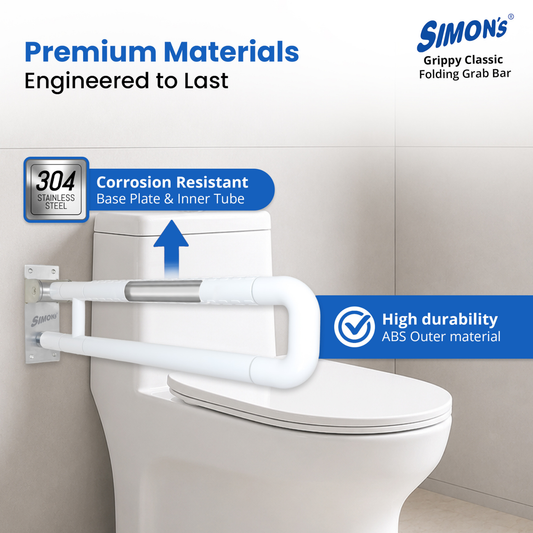 Simon’s Grippy Classic Folding Grab Bar for Elderly, Seniors | Toilet & Commode Safety Support Handle | ABS Outer Tube + SS304 Reinforced Core | Corrosion-Resistant | 60 cm | Pack of 1
