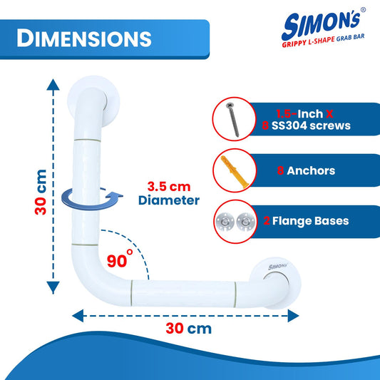 Simon's Grippy Heavy-Duty Nylon + SS304 Inside Bathroom and Toilet Anti Slip 90 Degree Grab bar for Elderly Hand Railing and Safety Handle| White | 3.5 cm Broad, 30 cm X 30 cm L-Shape Grab Rail