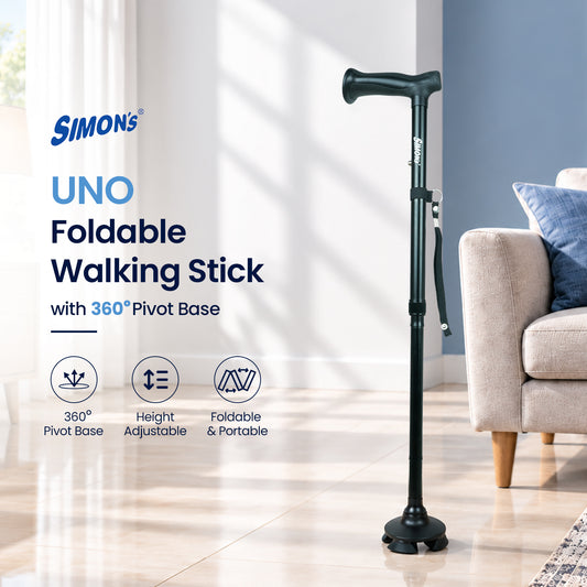 Simon’s Uno Foldable Aluminum Walking Stick with 360° Pivot Base, Foldable & Height Adjustable – Black