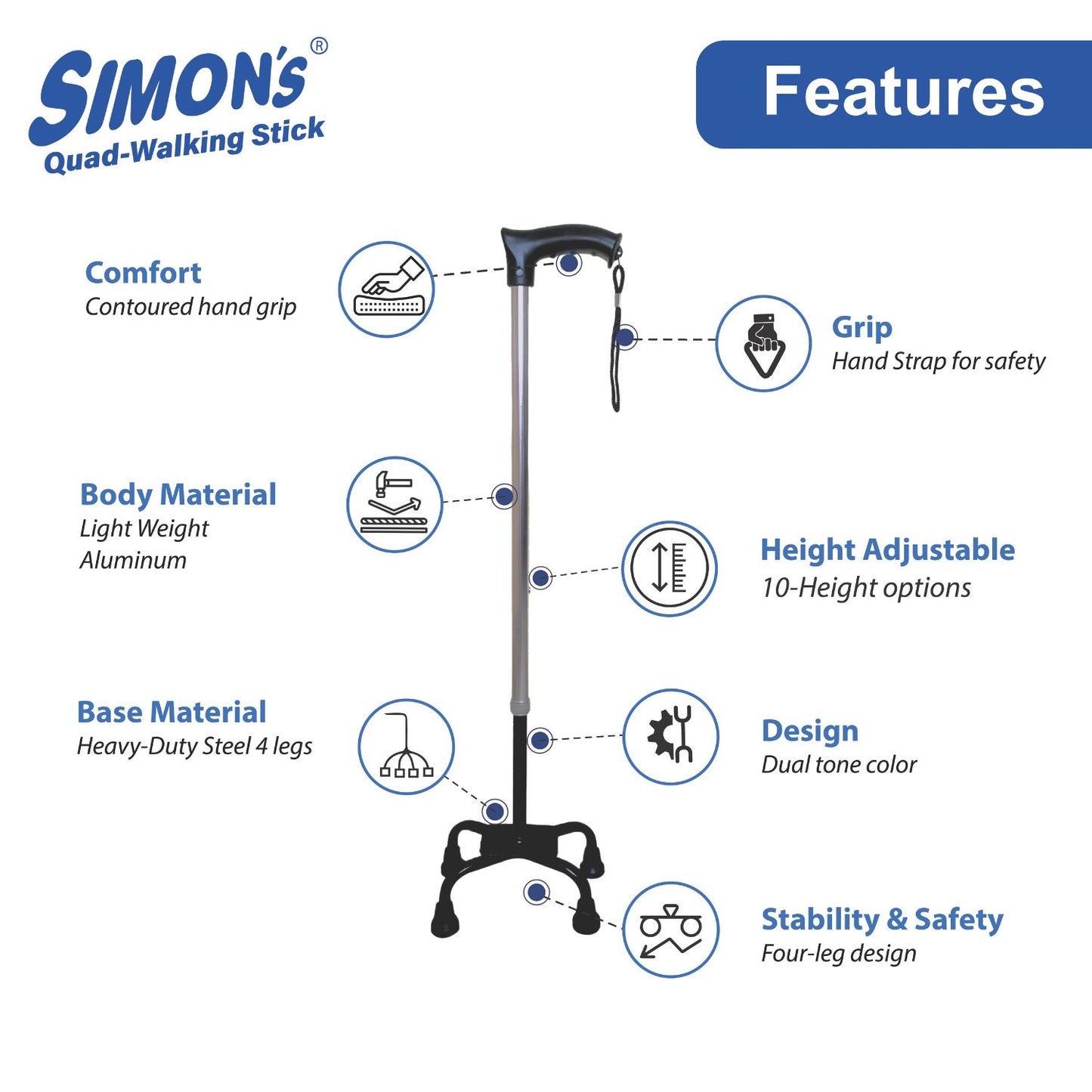 Simon’s Aluminum Walking Stick 4-Legs with Steel Base | Lightweight Height Adjustable Hand Stick for Elderly, Handicapped and Patients Walking Support | Quadripod Legs| Color – Steel Grey & Black