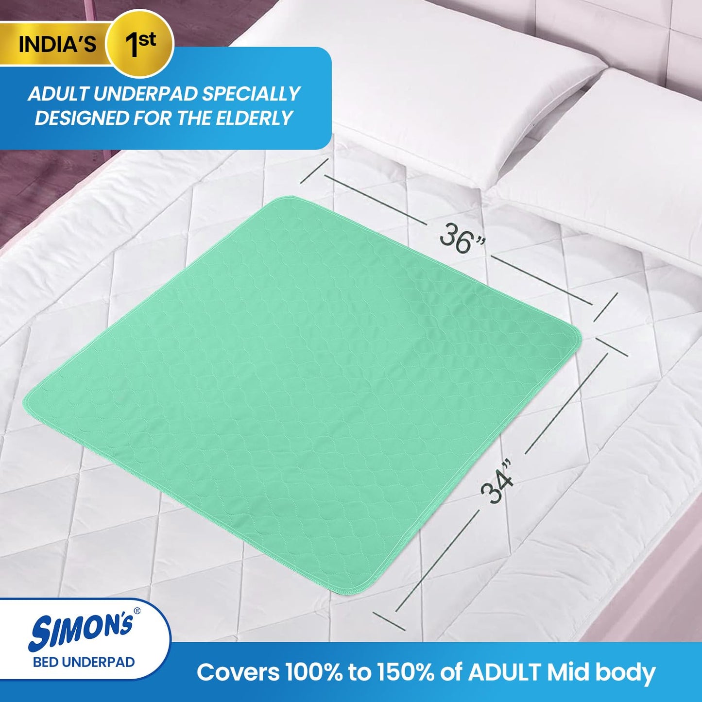 Simon’s Adult Reusable Classic Bed Underpad for Elderly Size 34 X 36 - Green