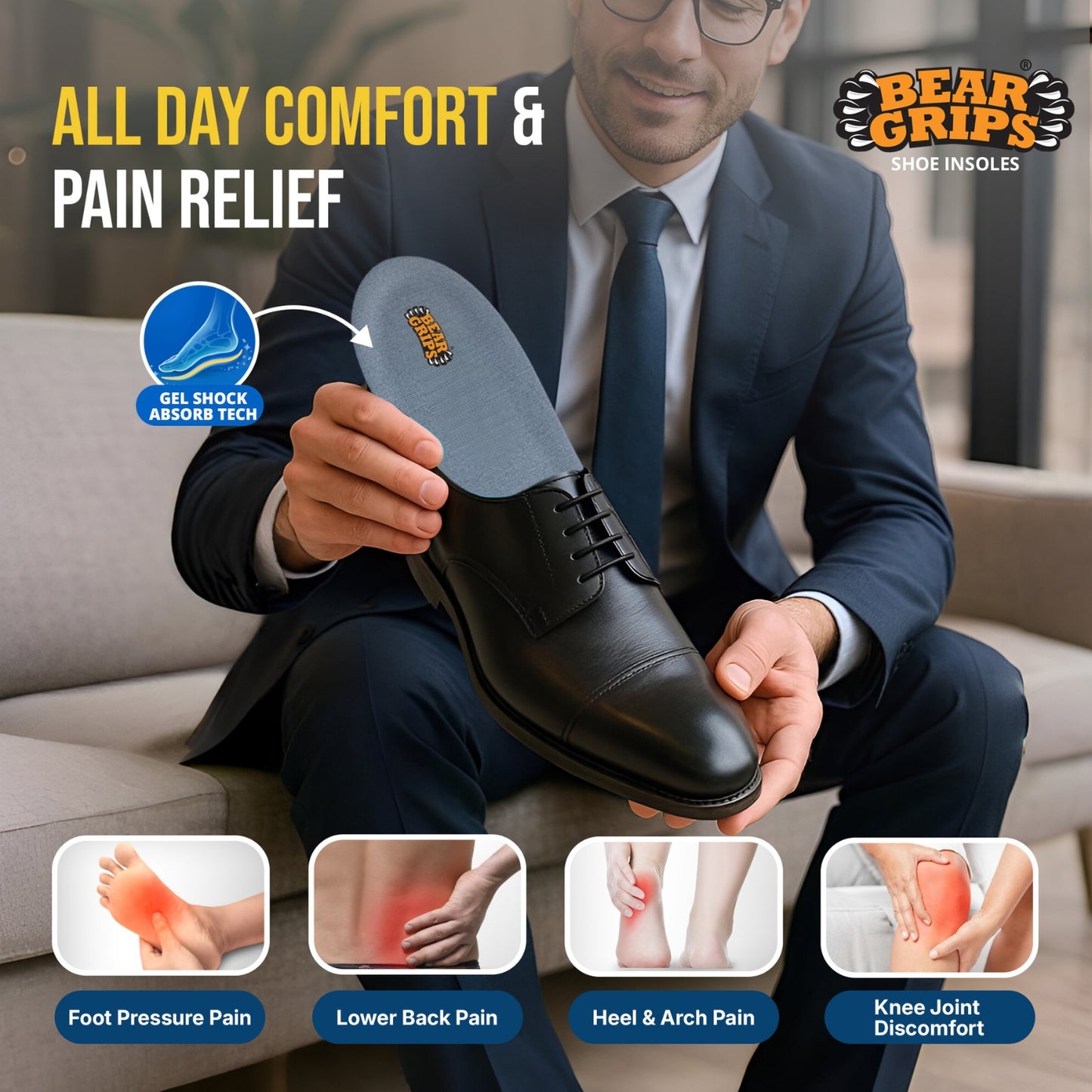 BEAR GRIPS Orthotic Shoe Insoles for All Day Comfort – Shock-Absorbing Gel & Heel Cushion for Pain Relief – Active+ Insoles | Men & Women| UK Size 9 to 12