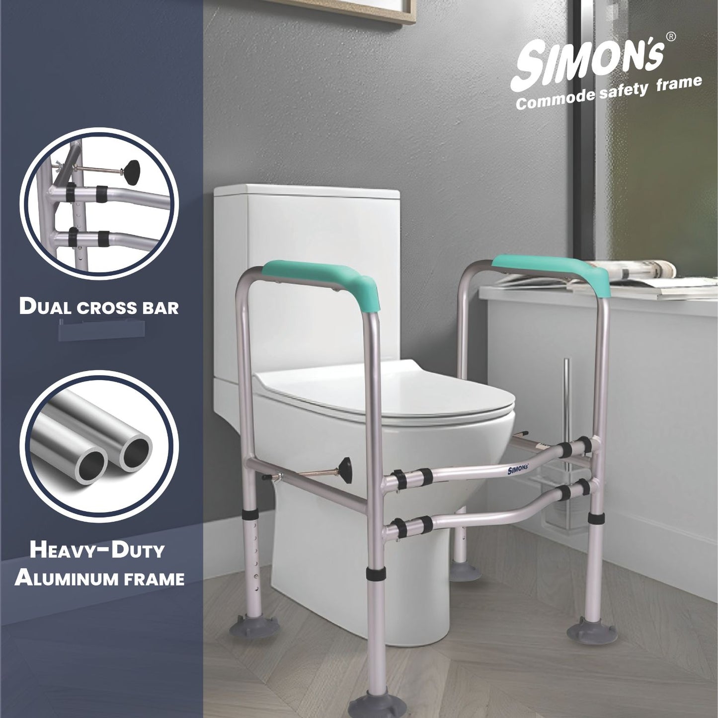 Simon’s Heavy-Duty Commode Frame, Height and Width Adjustable for Elderly to Hold and get up and Support in Toilet with Jumbo Suction Cups