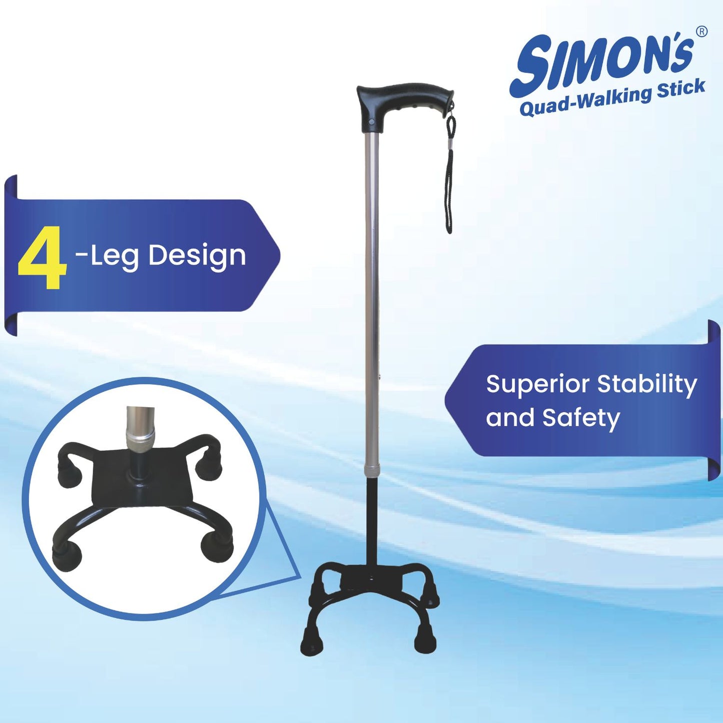 Simon’s Aluminum Walking Stick 4-Legs with Steel Base | Lightweight Height Adjustable Hand Stick for Elderly, Handicapped and Patients Walking Support | Quadripod Legs| Color – Steel Grey & Black