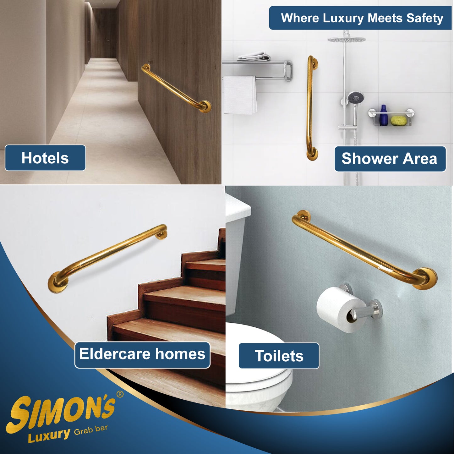 Simon’s Luxury 100% Stainless Steel 304 Heavy Duty Grab bar for Bathroom handrailing and Safety Handle for Elderly - Gold Color