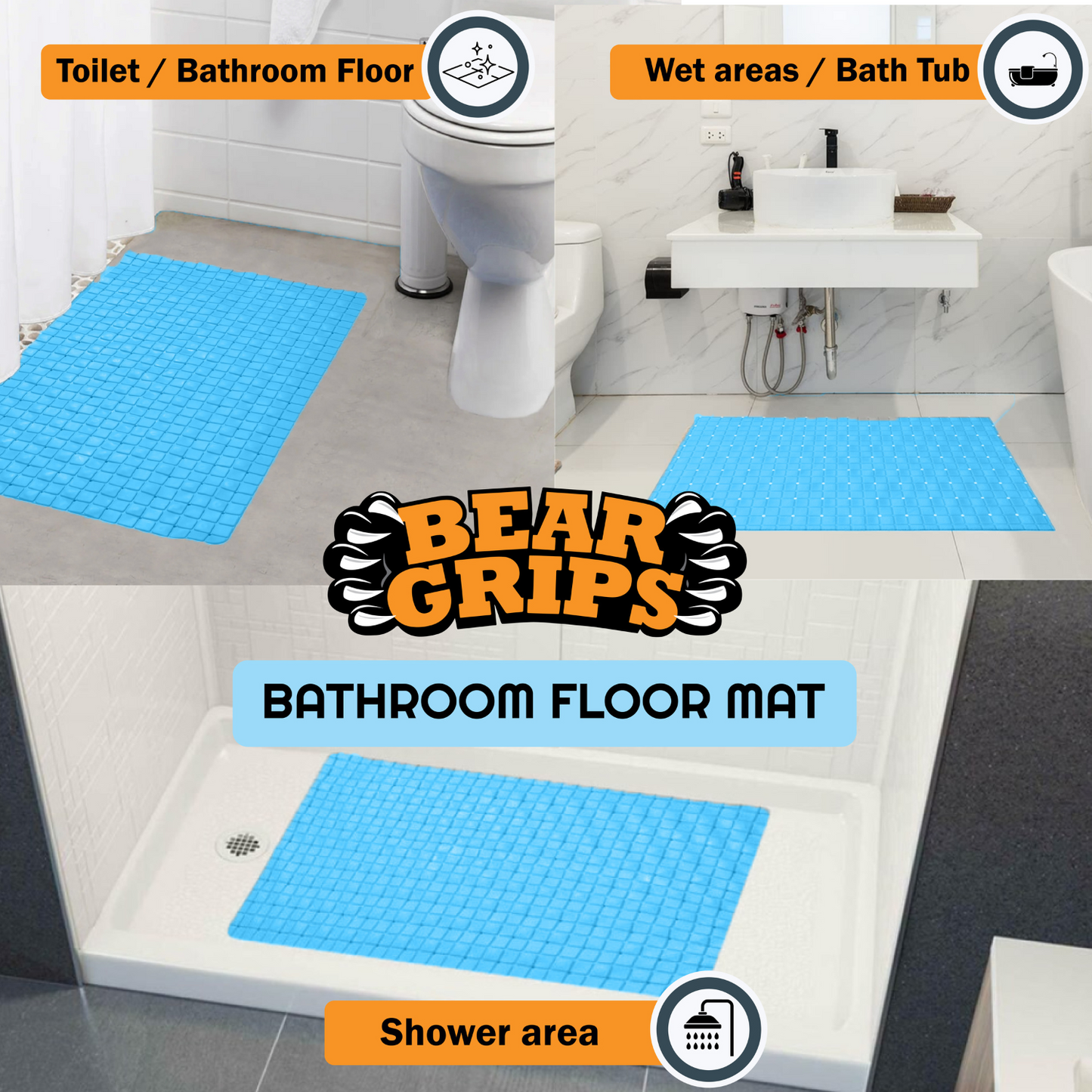 BEAR GRIPS Anti-Slip bathroom floor mat with suction grips(Size: 78 X 46 cm, Sky Blue)
