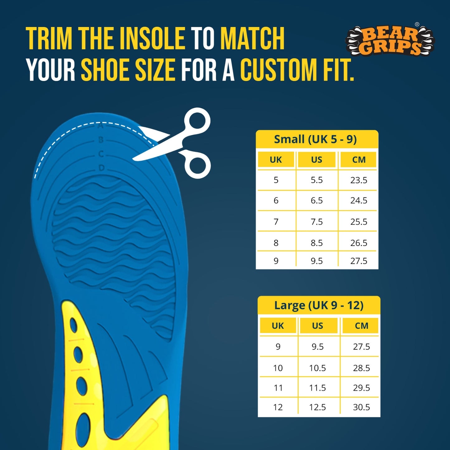 BEAR GRIPS Orthotic Shoe Insoles for All Day Comfort – Shock-Absorbing Gel & Heel Cushion for Pain Relief – Active+ Insoles | Men & Women| UK Size 5 to 9