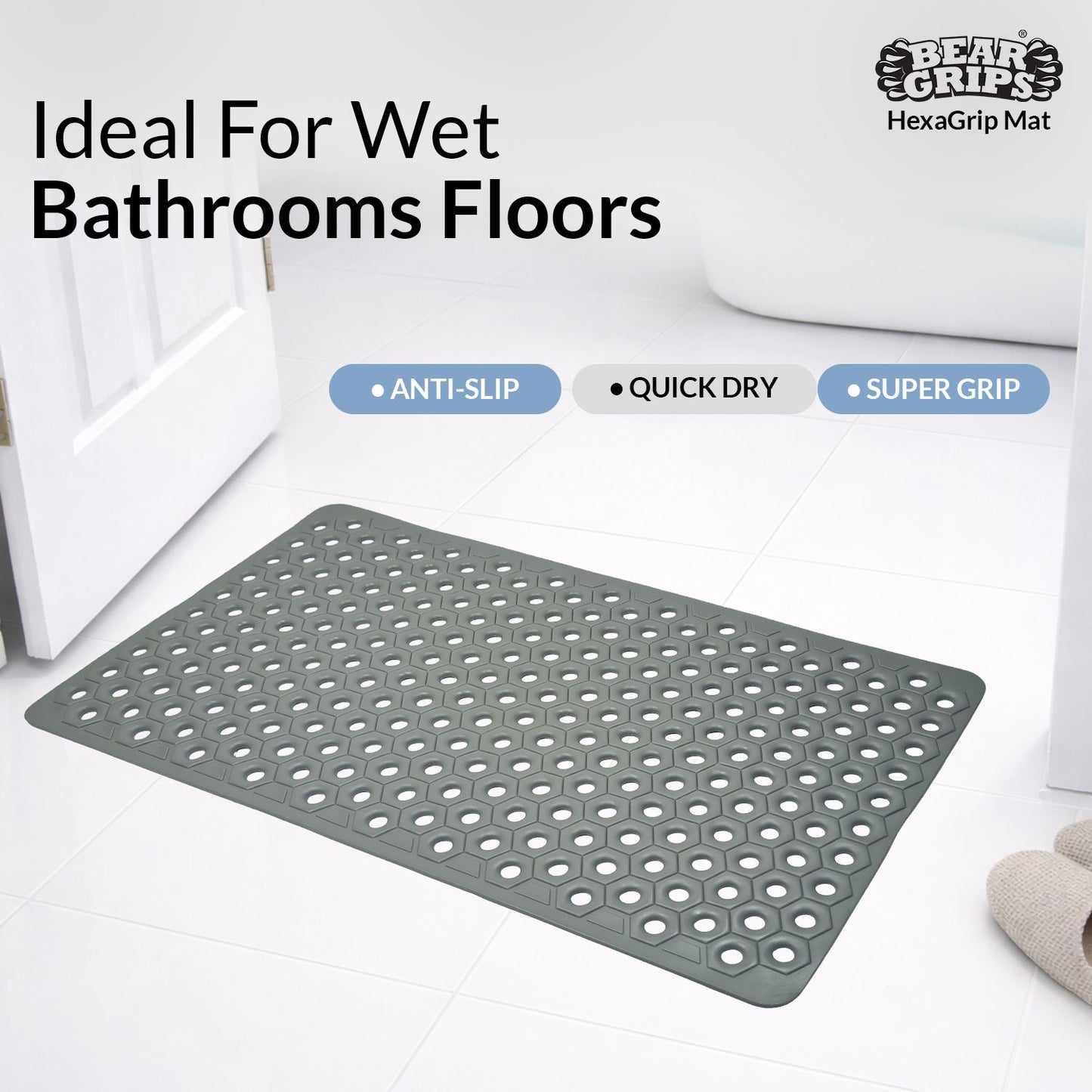 BEAR GRIPS HexaGrip Anti Slip PVC Bathroom Floor Mat, with Anti-Skid Suction Cups and Drain Holes | Ideal for Shower Area, Toilet Floor, Bath Area | Prevent Bathroom Falls - Size 70 X 40 cm - Grey