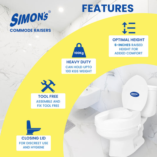 Simon’s Heavy-Duty 6 Inch Commode seat raiser with lid cover – for elderly to sit and rise from commode toilets, portable seat extension for senior citizen with knee pain - Pack of 1