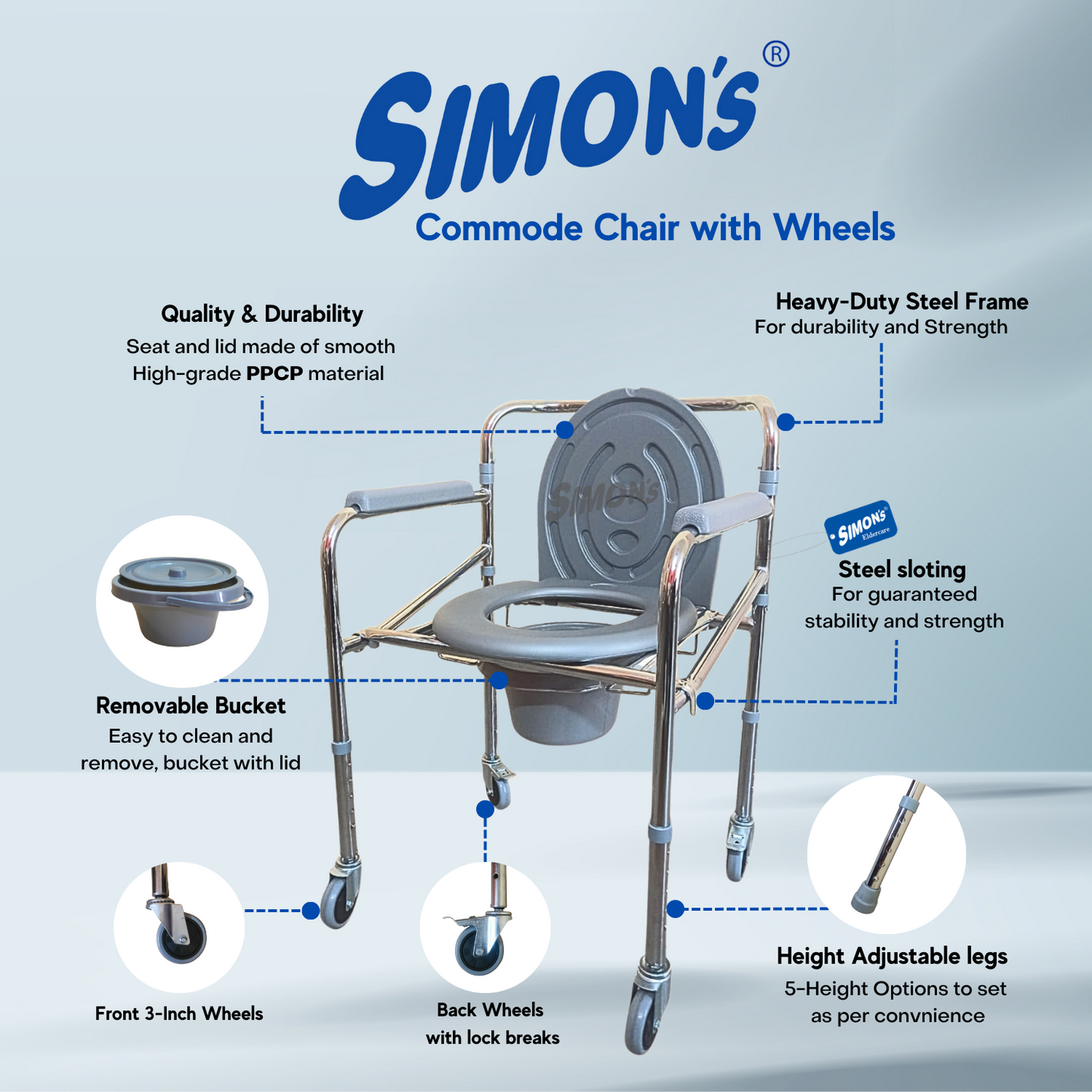 Simon’s Classic folding 4-in-1 commode chair with wheels
