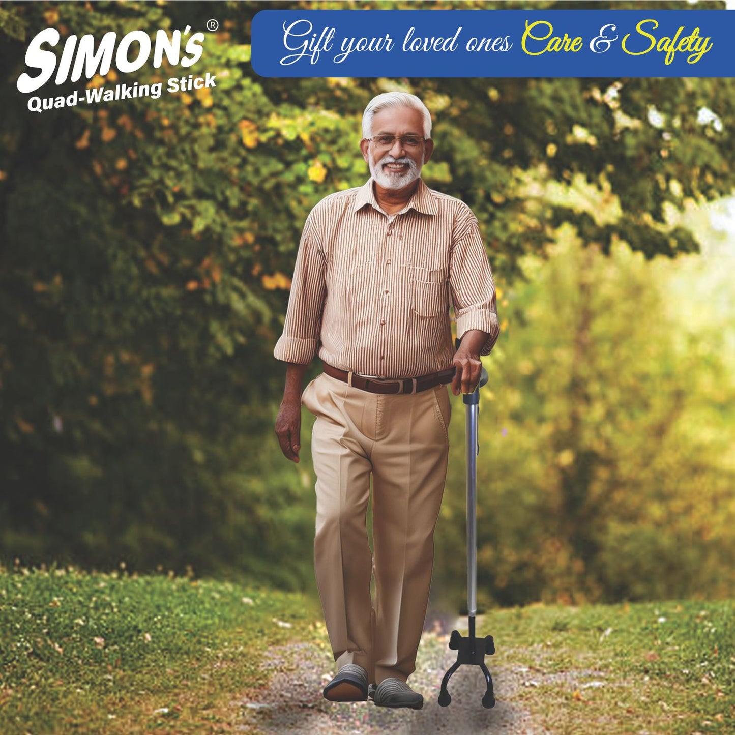Simon’s Aluminum Walking Stick 4-Legs with Steel Base | Lightweight Height Adjustable Hand Stick for Elderly, Handicapped and Patients Walking Support | Quadripod Legs| Color – Steel Grey & Black