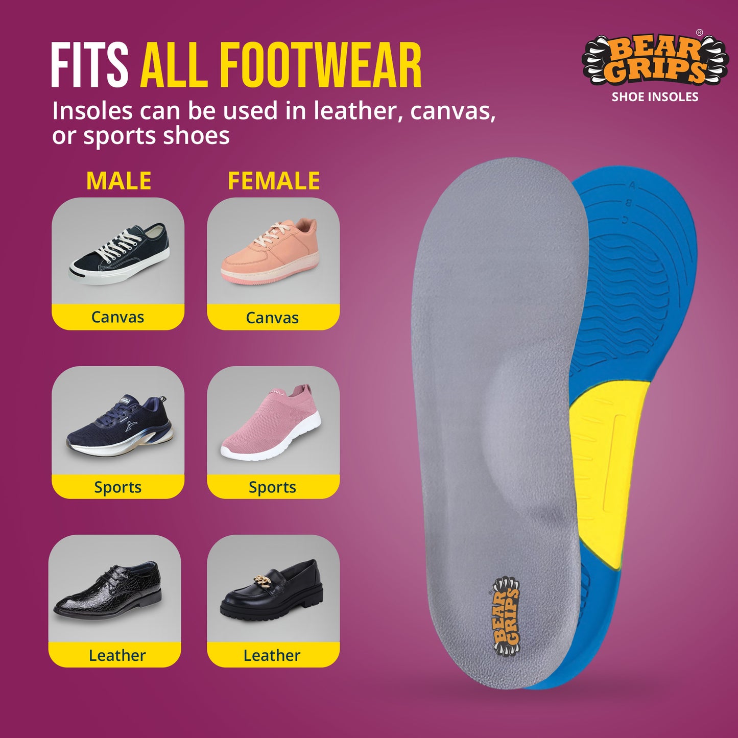 BEAR GRIPS Orthotic Shoe Insoles for Flat Feet, High Arches & Plantar Fasciitis – Dual Gel Arch Support for Pain Relief – Arch+ Insoles | Men & Women| UK Size 9 to 12