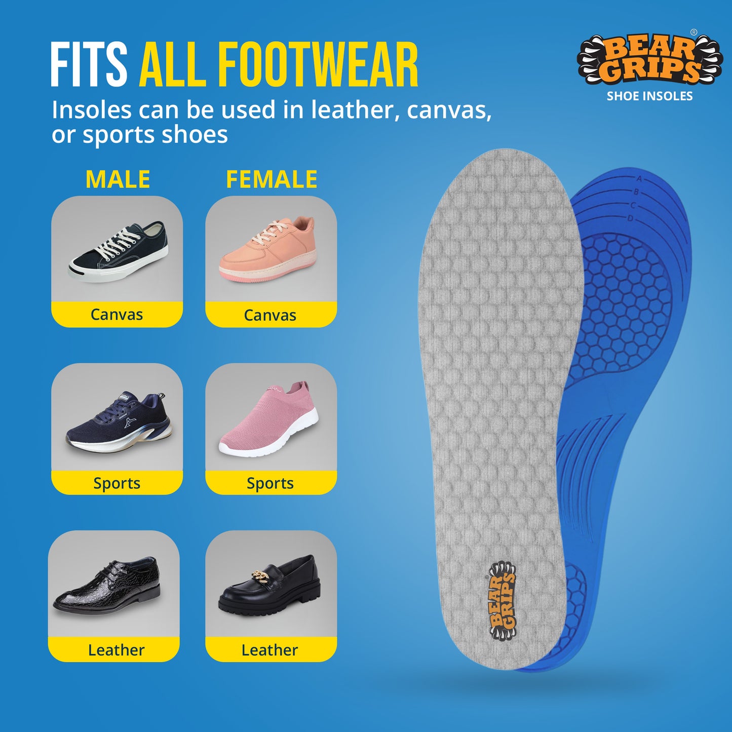BEAR GRIPS Orthotic Shoe Insoles for Diabetics & Elderly – Gel Cushioning, Pain Relief & Fall Prevention – Senior+ Insoles | Men & Women | UK Size 9 to 12