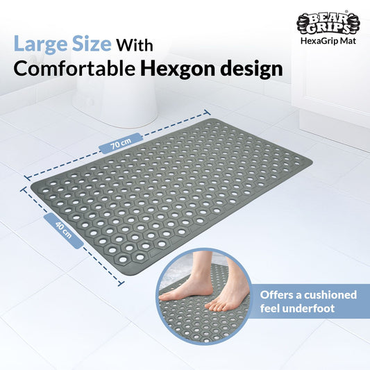 BEAR GRIPS HexaGrip Anti Slip PVC Bathroom Floor Mat, with Anti-Skid Suction Cups and Drain Holes | Ideal for Shower Area, Toilet Floor, Bath Area | Prevent Bathroom Falls - Size 70 X 40 cm - Grey