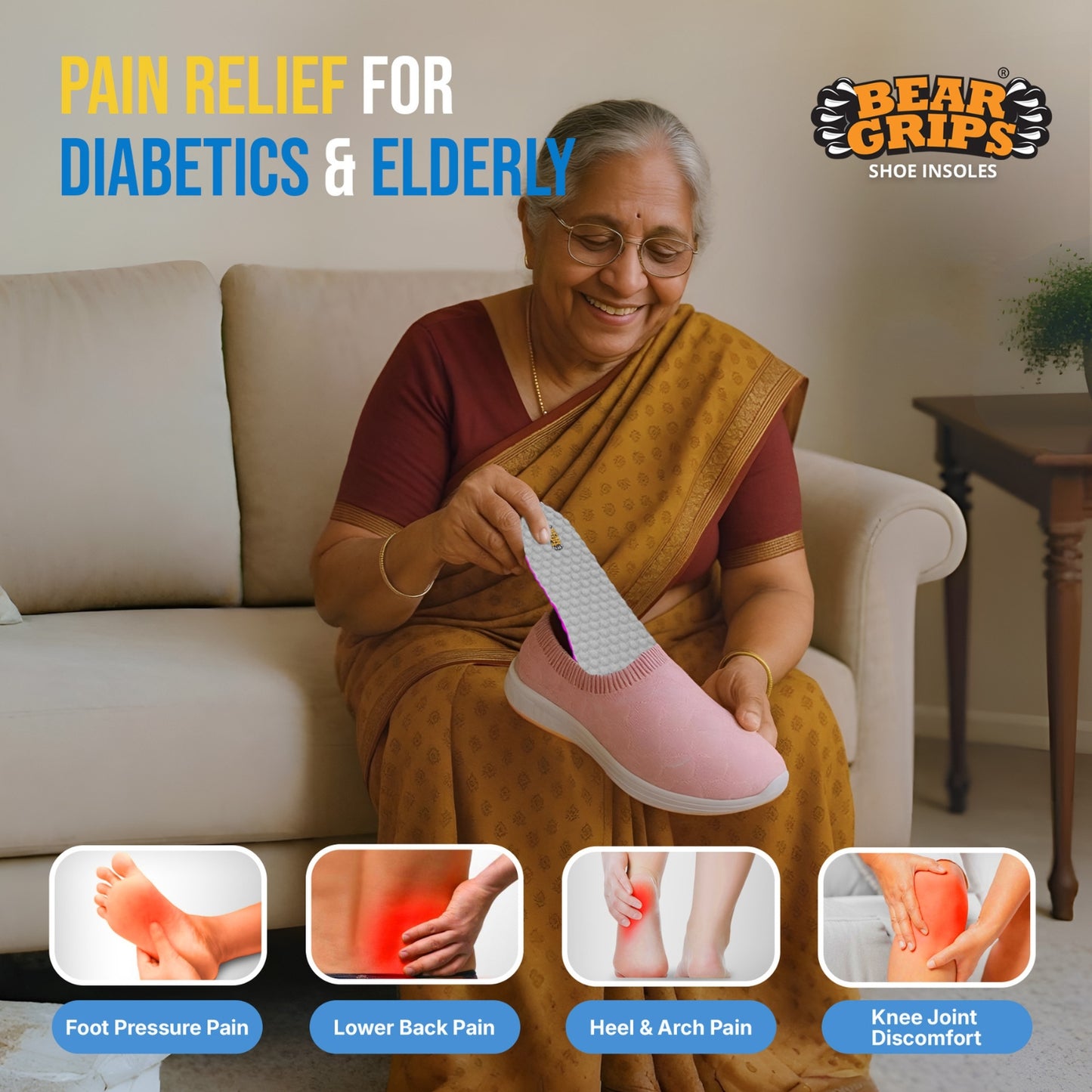 BEAR GRIPS Orthotic Shoe Insoles for Diabetics & Elderly – Gel Cushioning, Pain Relief & Fall Prevention – Senior+ Insoles | Men & Women | UK Size 5 to 9