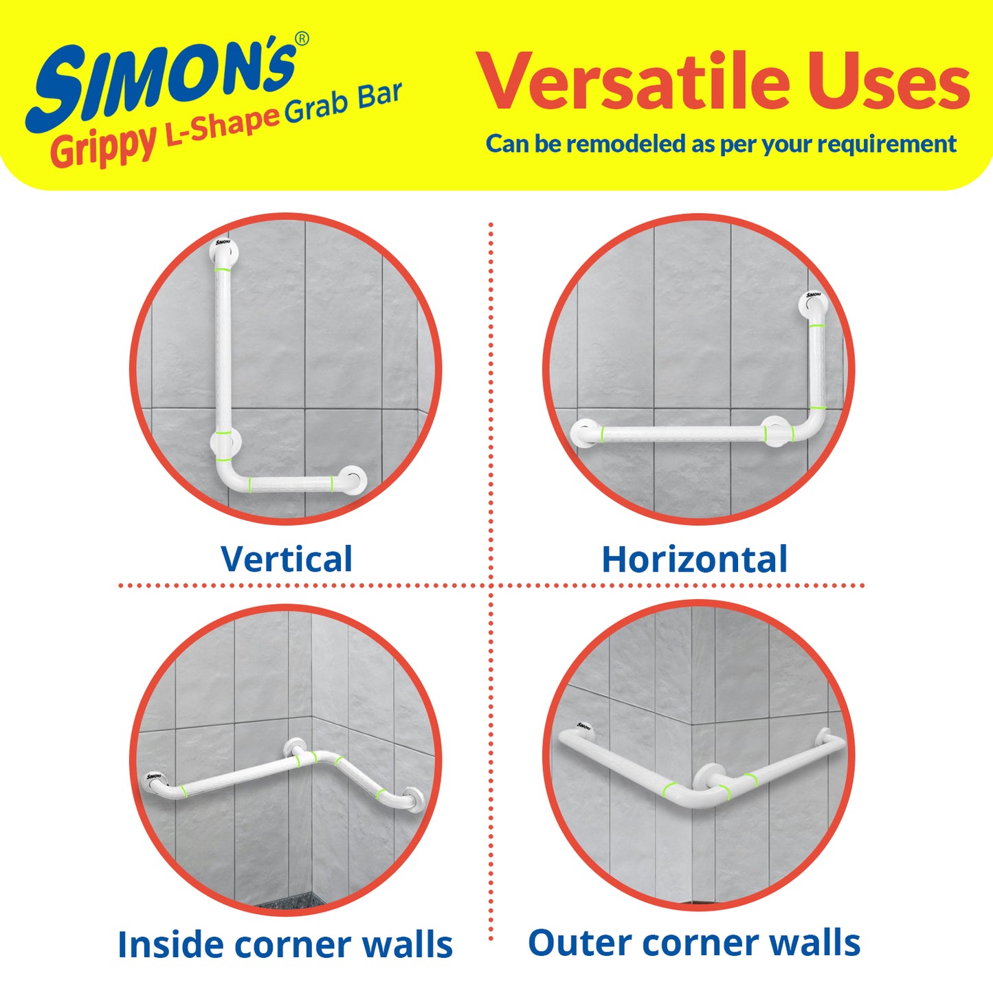 Simon's Grippy Heavy-Duty Nylon + SS304 Inside Bathroom and Toilet Anti Slip 90 Degree Grab bar for Elderly Hand Railing and Safety Handle| White | 3.5 cm Broad, 70cm X 50 cm L-Shape Grab Rail