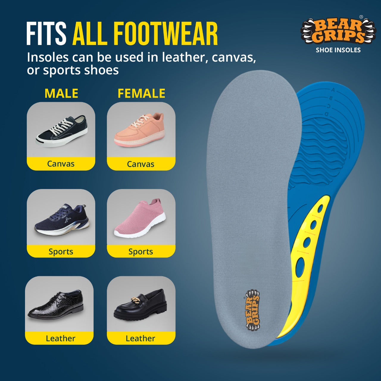 BEAR GRIPS Orthotic Shoe Insoles for All Day Comfort – Shock-Absorbing Gel & Heel Cushion for Pain Relief – Active+ Insoles | Men & Women| UK Size 9 to 12