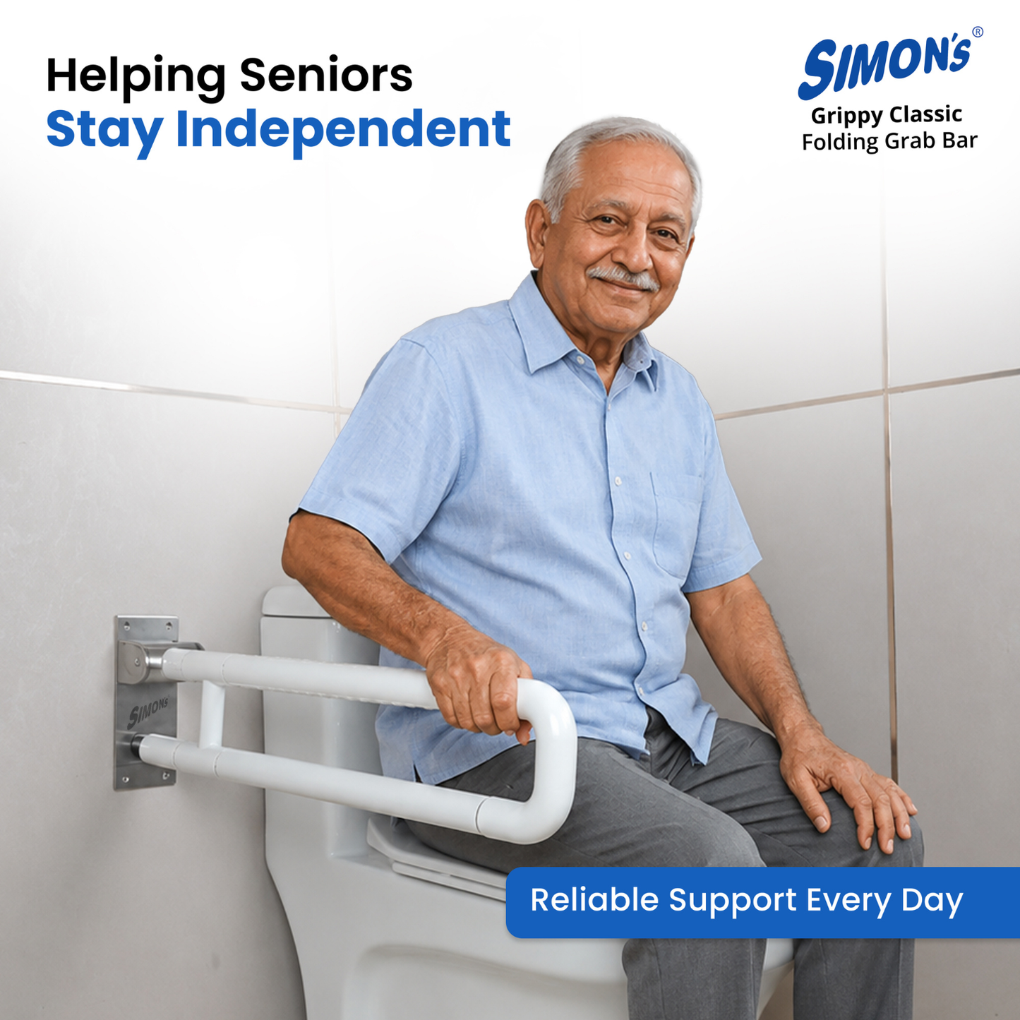 Simon’s Grippy Classic Folding Grab Bar for Elderly, Seniors | Toilet & Commode Safety Support Handle | ABS Outer Tube + SS304 Reinforced Core | Corrosion-Resistant | 60 cm | Pack of 1
