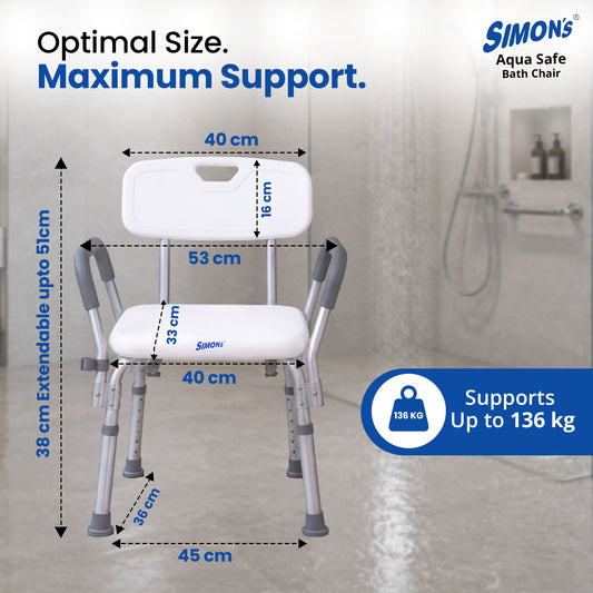 Simon’s Aqua-Safe Heavy-Duty Bath Chair for Elderly, Senior Citizens to sit and take Bath, Shower Bench with Height Adjustable & Tool-Free Assembly