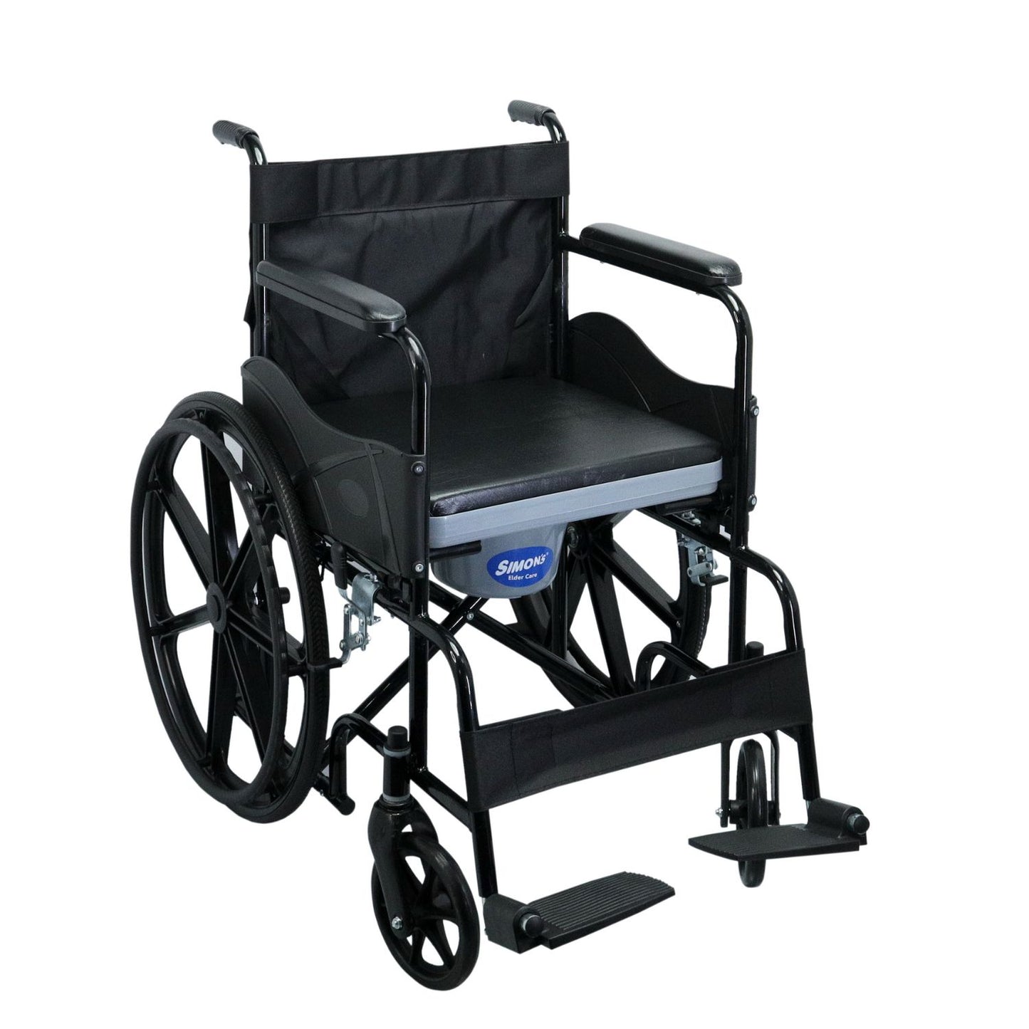 Simon’s GlidePro folding Commode Wheelchair with Mag wheels, for easy mobility of elderly, handicapped and patients, with easy removable bucket and seat – Black