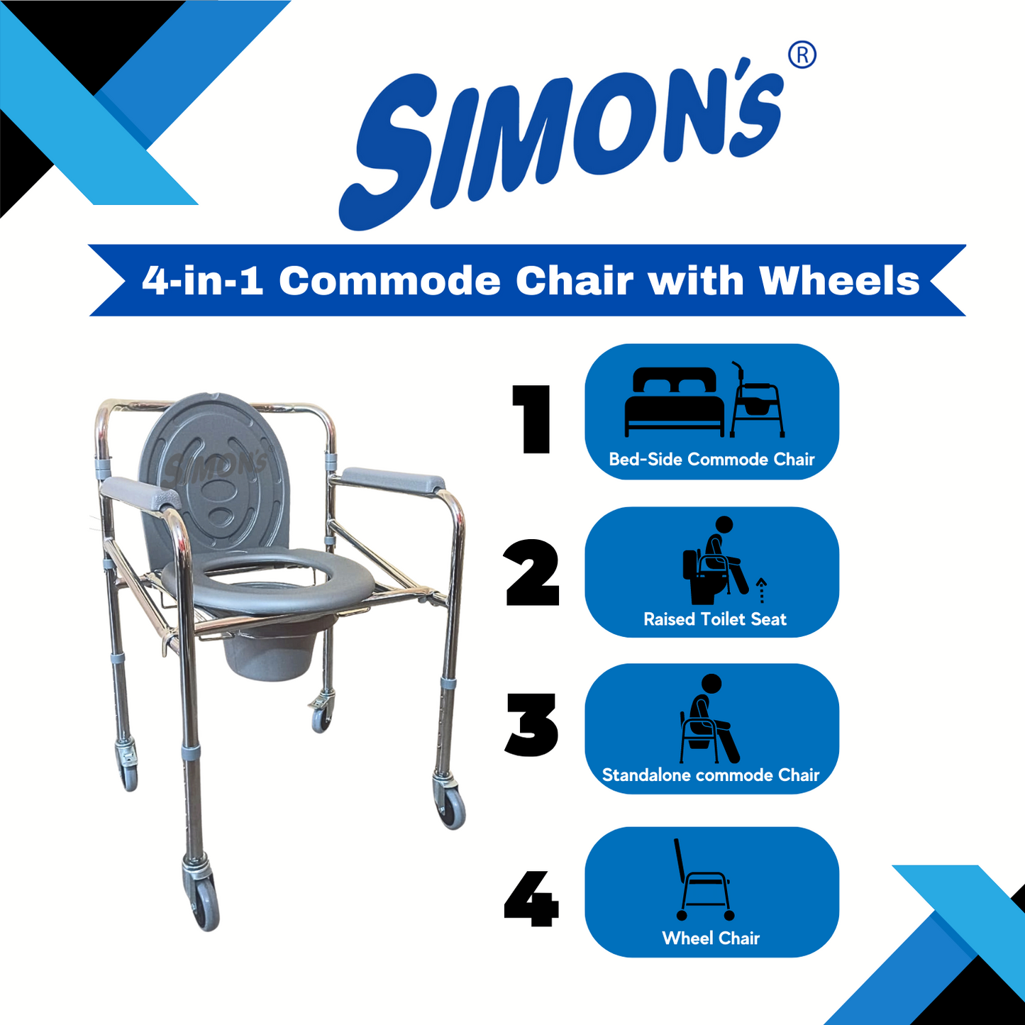 Simon’s Classic folding 4-in-1 commode chair with wheels