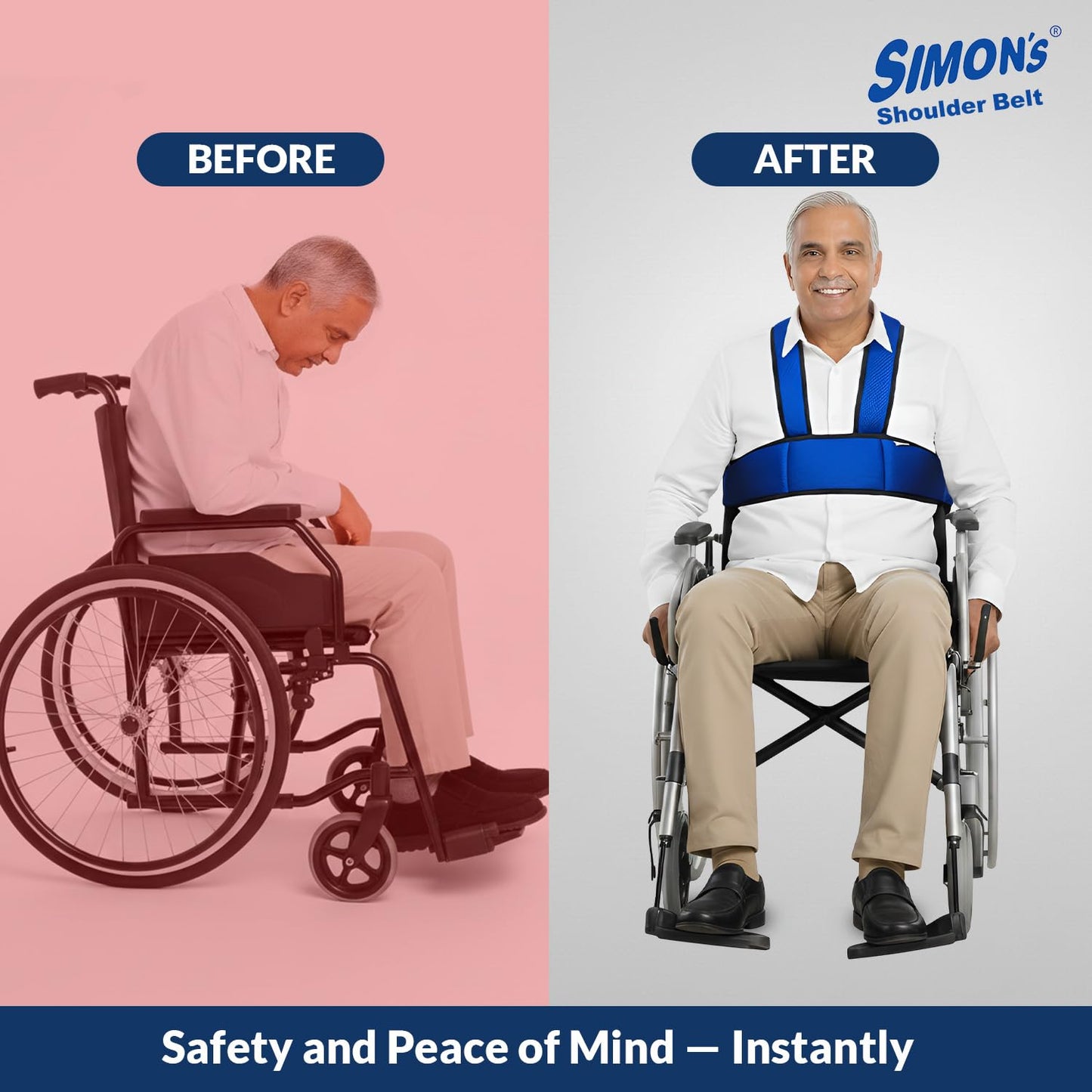 Simon’s Adjustable Safety Belt for Wheelchair | Heavy-Duty Push Buckle | Breathable Fabric with Double Padded Foam | Full-Torso Support for Seniors & Patients