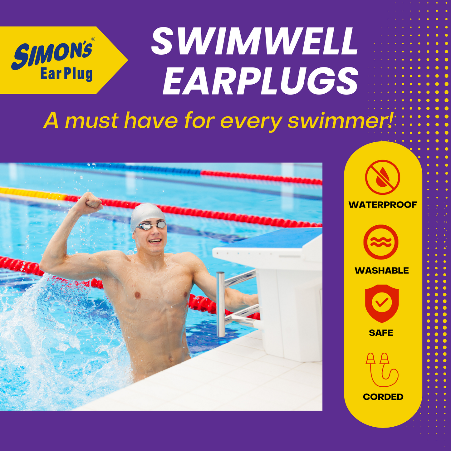 Simon's - Swimwell Earplugs - 3 Pair Corded Silicon