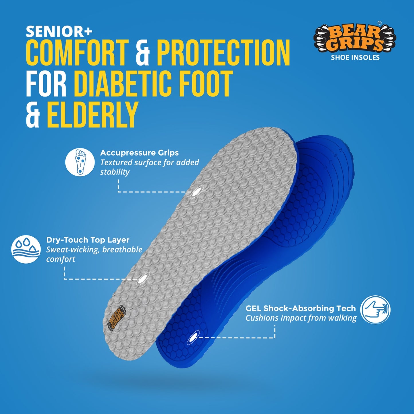 BEAR GRIPS Orthotic Shoe Insoles for Diabetics & Elderly – Gel Cushioning, Pain Relief & Fall Prevention – Senior+ Insoles | Men & Women | UK Size 9 to 12