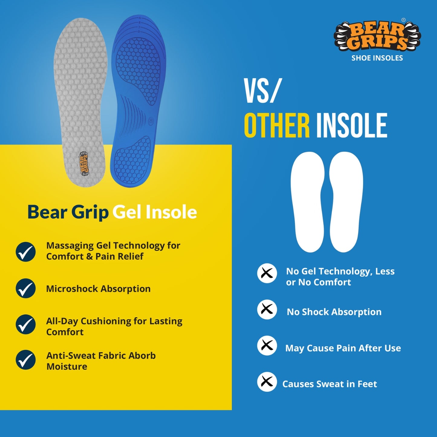BEAR GRIPS Orthotic Shoe Insoles for Diabetics & Elderly – Gel Cushioning, Pain Relief & Fall Prevention – Senior+ Insoles | Men & Women | UK Size 9 to 12