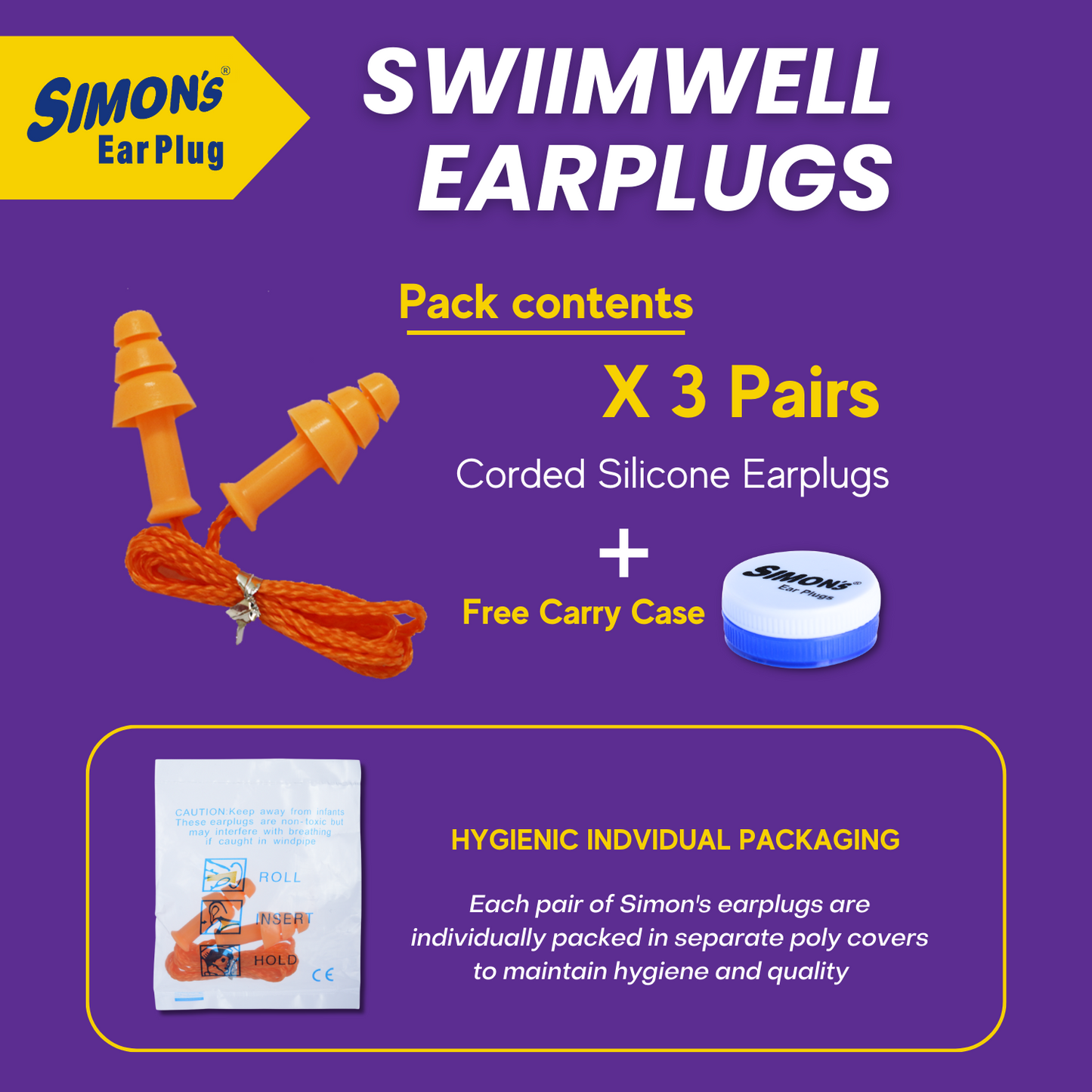 Simon's - Swimwell Earplugs - 3 Pair Corded Silicon
