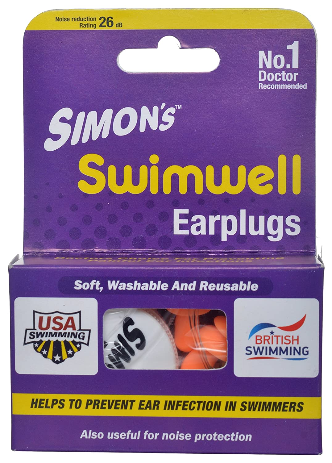 Simon's Swimwell Reusable Silicone Earplugs (2 Pairs, Orange)