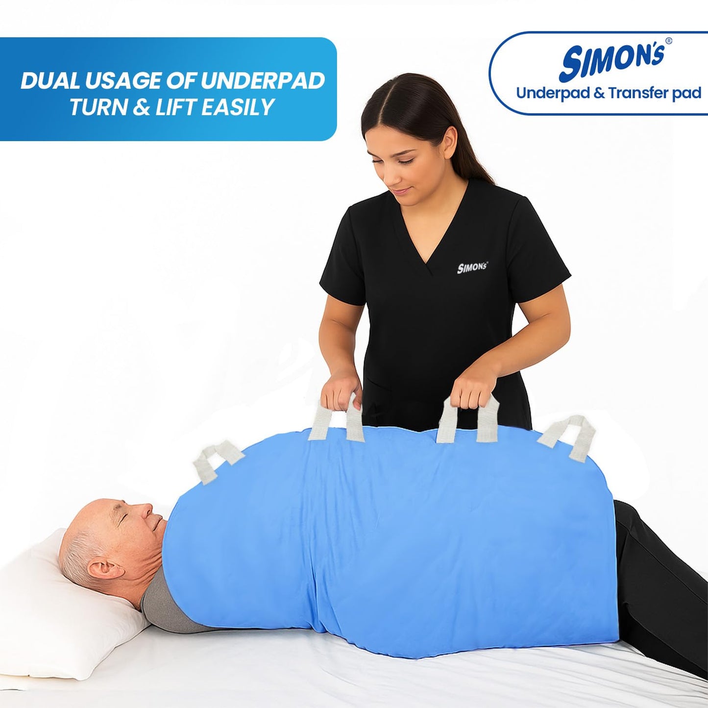 Simon's Reusable Adult Underpad with 8 Handles | 2-in-1 Transfer & Incontinence Pad | 34x53 in | Leak-Proof, Washable, Heavy Absorbency | Elderly, Seniors, Patients | Blue | 1 Pack