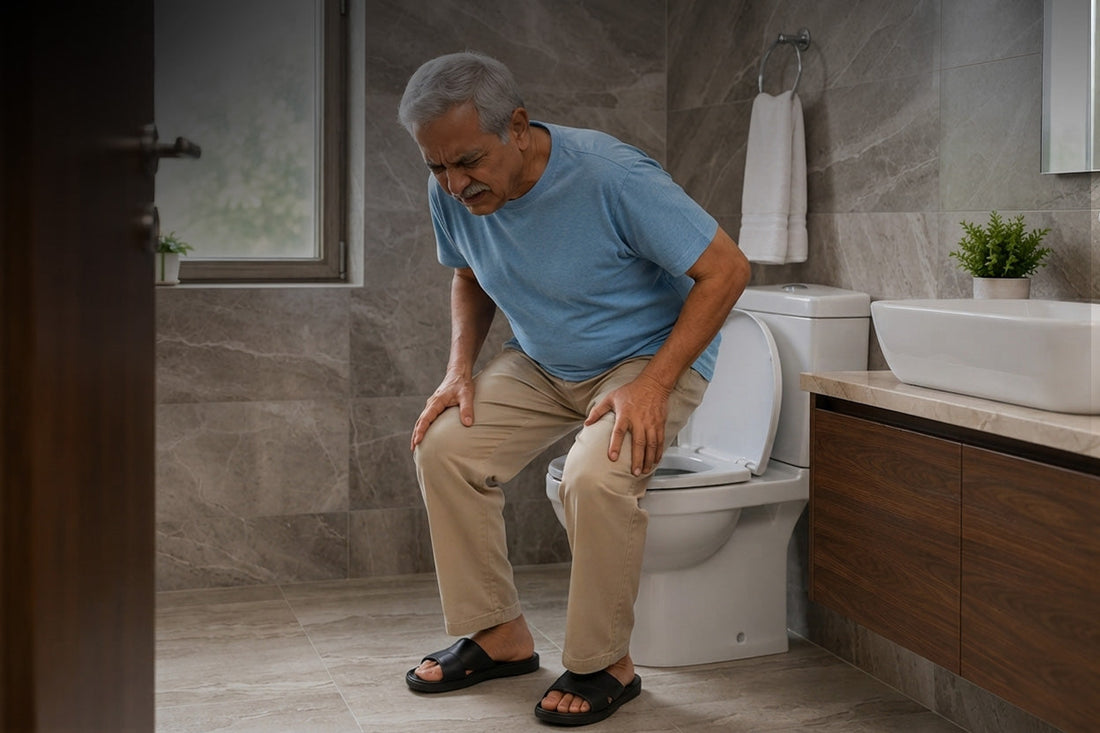 Elderly man sitting with knee strain on standard toilet seat in home bathroom