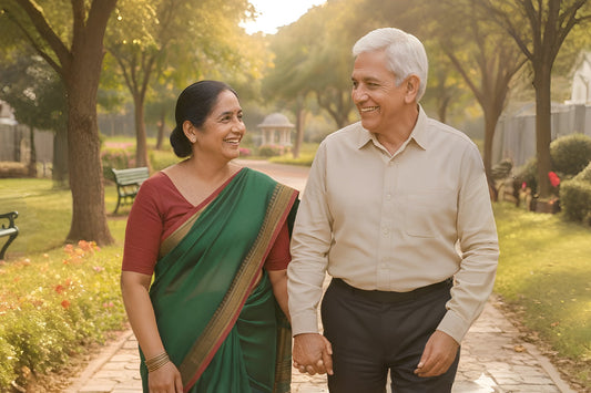 Happy elderly couple walking outdoors symbolizing aging gracefully and senior independence