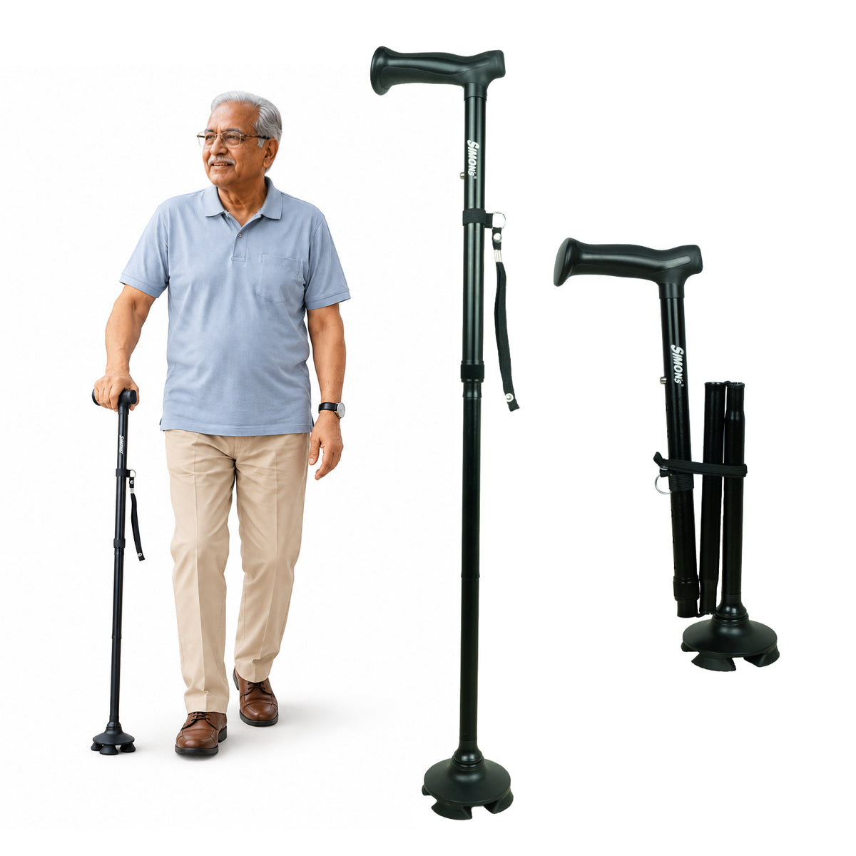 Simon’s Uno Foldable Aluminum Walking Stick with 360° Pivot Base, Foldable & Height Adjustable – Black