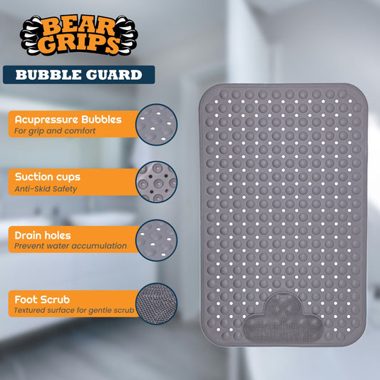 BEAR GRIPS BubbleGuard Anti-Slip Bathroom Shower mat with Anti-Skid Suction Cups and Foot Scrub | TPE Material | Large Size 80 X 50 Cm| Stone Grey