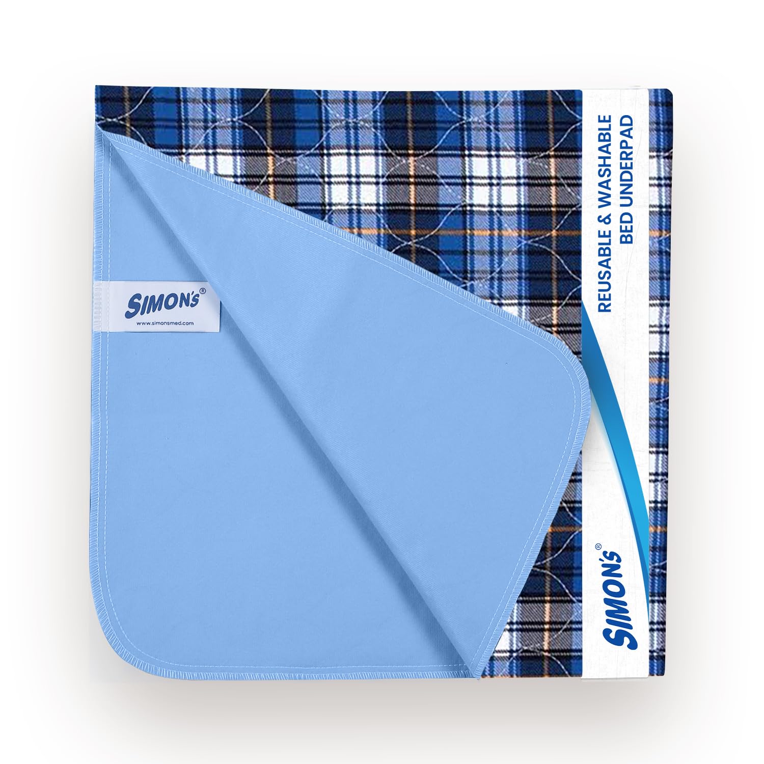 Simon’s Adult Reusable Stain-Mask Bed Underpad for Elderly Size 34 X 36 inches - Blue Check