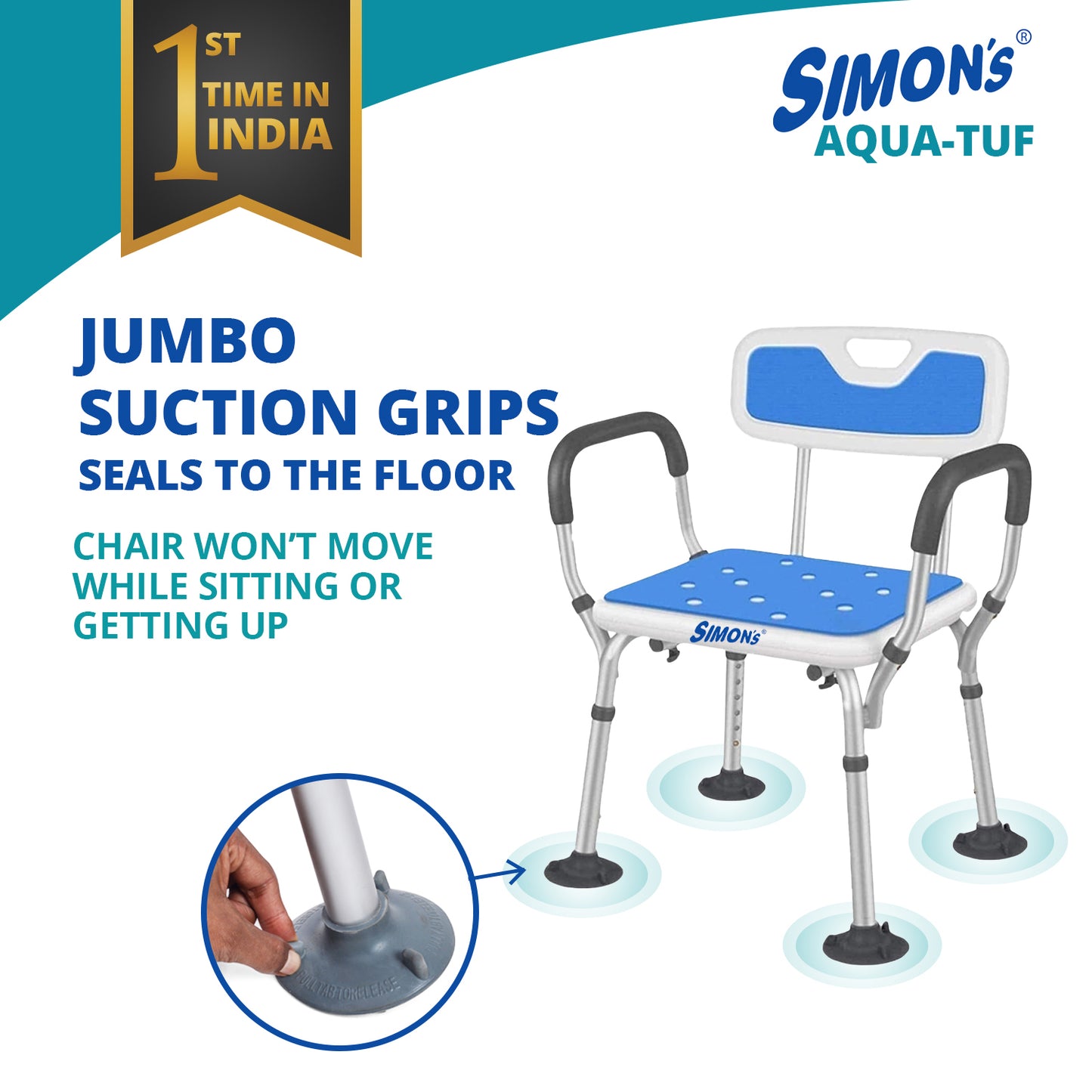 Simon’s Aqua-TUF Heavy-Duty Bath Chair for Elderly, Senior Citizens to sit and take Bath, Shower Bench with Jumbo Suction Grips Base | Height Adjustable & Tool-Free Assembly - Blue - Pack of 1