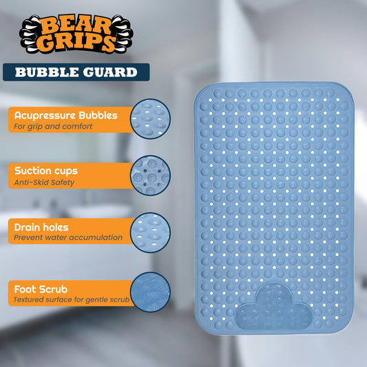 BEAR GRIPS BubbleGuard Anti-Slip Bathroom Shower mat with Anti-Skid Suction Cups and Foot Scrub | TPE Material | Large Size 80 X 50 Cm| Sky Blue