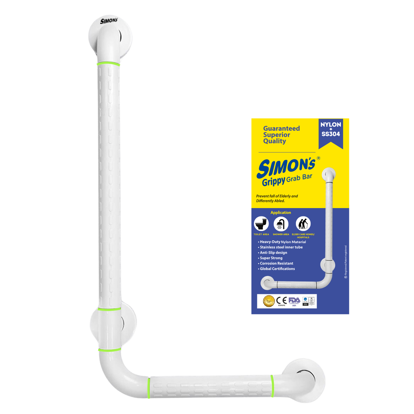 Simon's Grippy Heavy-Duty Nylon + SS304 Inside Bathroom and Toilet Anti Slip 90 Degree Grab bar for Elderly Hand Railing and Safety Handle| White | 3.5 cm Broad, 70cm X 50 cm L-Shape Grab Rail