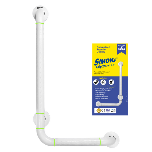 Simon's Grippy Heavy-Duty Nylon + SS304 Inside Bathroom and Toilet Anti Slip 90 Degree Grab bar for Elderly Hand Railing and Safety Handle| White | 3.5 cm Broad, 70cm X 50 cm L-Shape Grab Rail