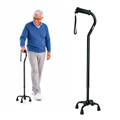 Simon’s Quadra Aluminum Walking Stick with Four-Leg Base, Height Adjustable – Black