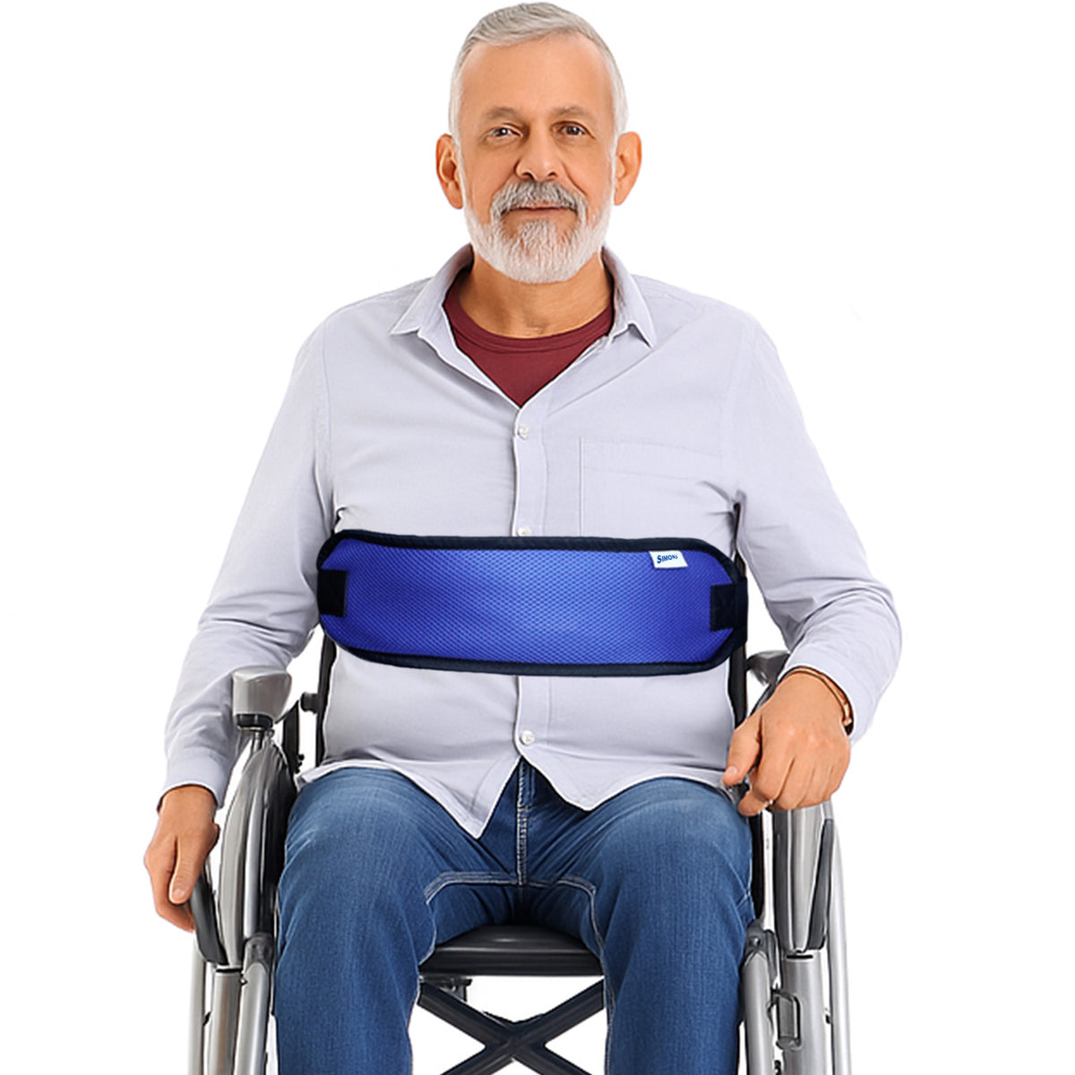 Elderly man sitting in wheelchair secured with blue padded chest restraint safety harness belt